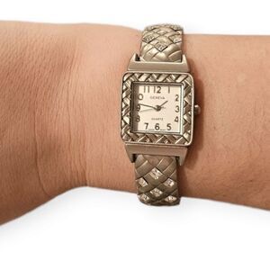 Geneva Silver-tone Basket Weeve & Crystal Open Cuff Watch